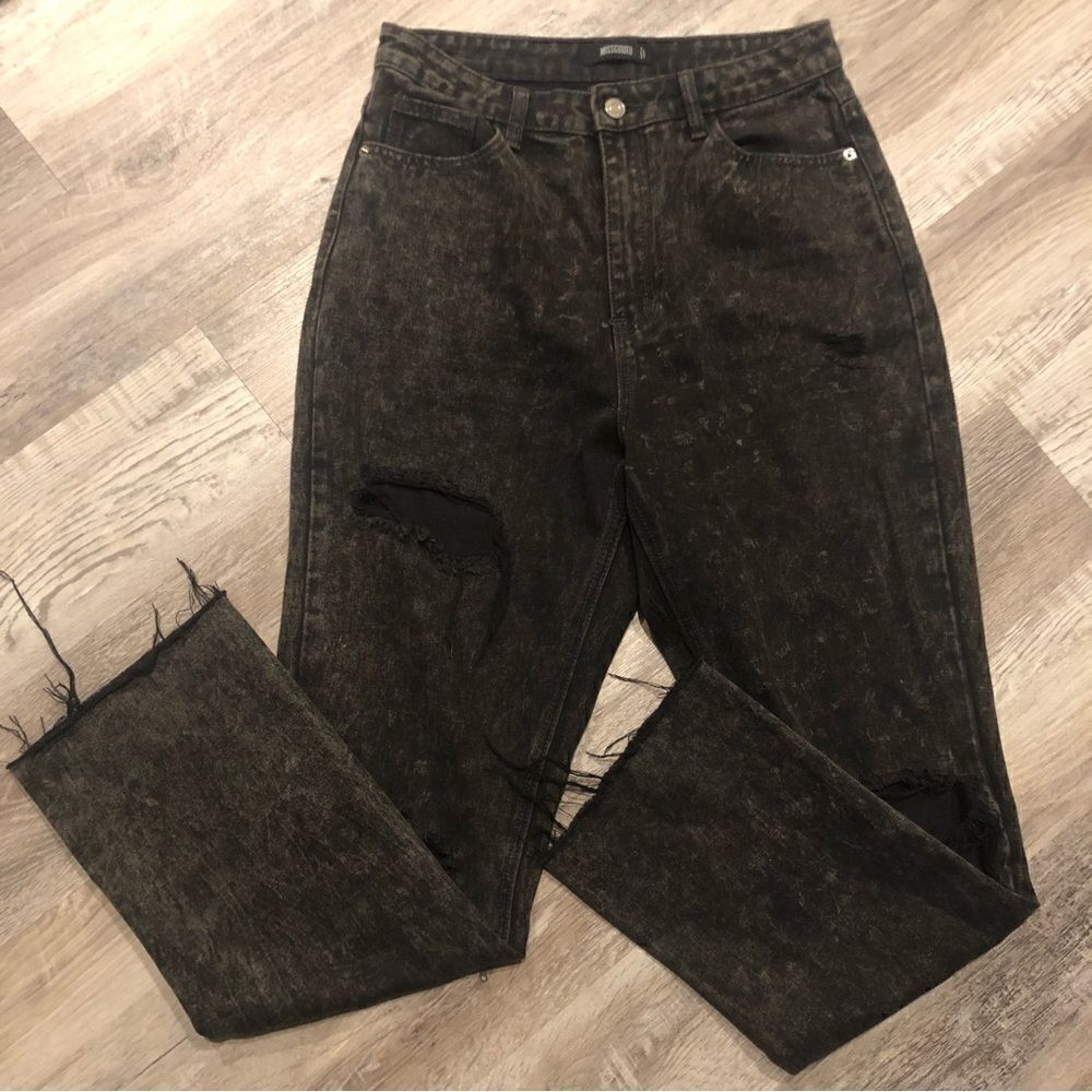 MISSGUIDED Black Acid Wash Straight Leg Jeans Distressed Grunge Raw Hem Size 8